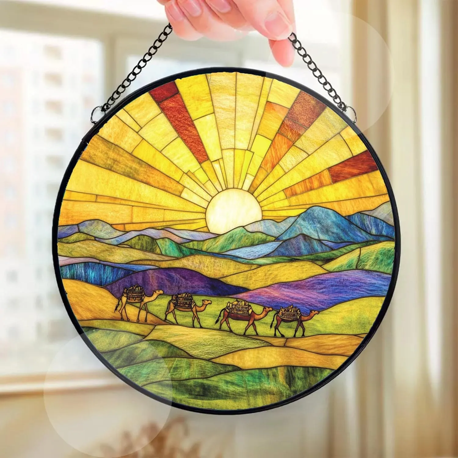 Camel Caravan Crossing The Desert Decor Suncatcher Stained Glass Window Hanging- Custom Suncatcher 2025, Wooden Ornament, Christmas Hanging Decor, Suncatcher for Christmas Tree. X2M2wx