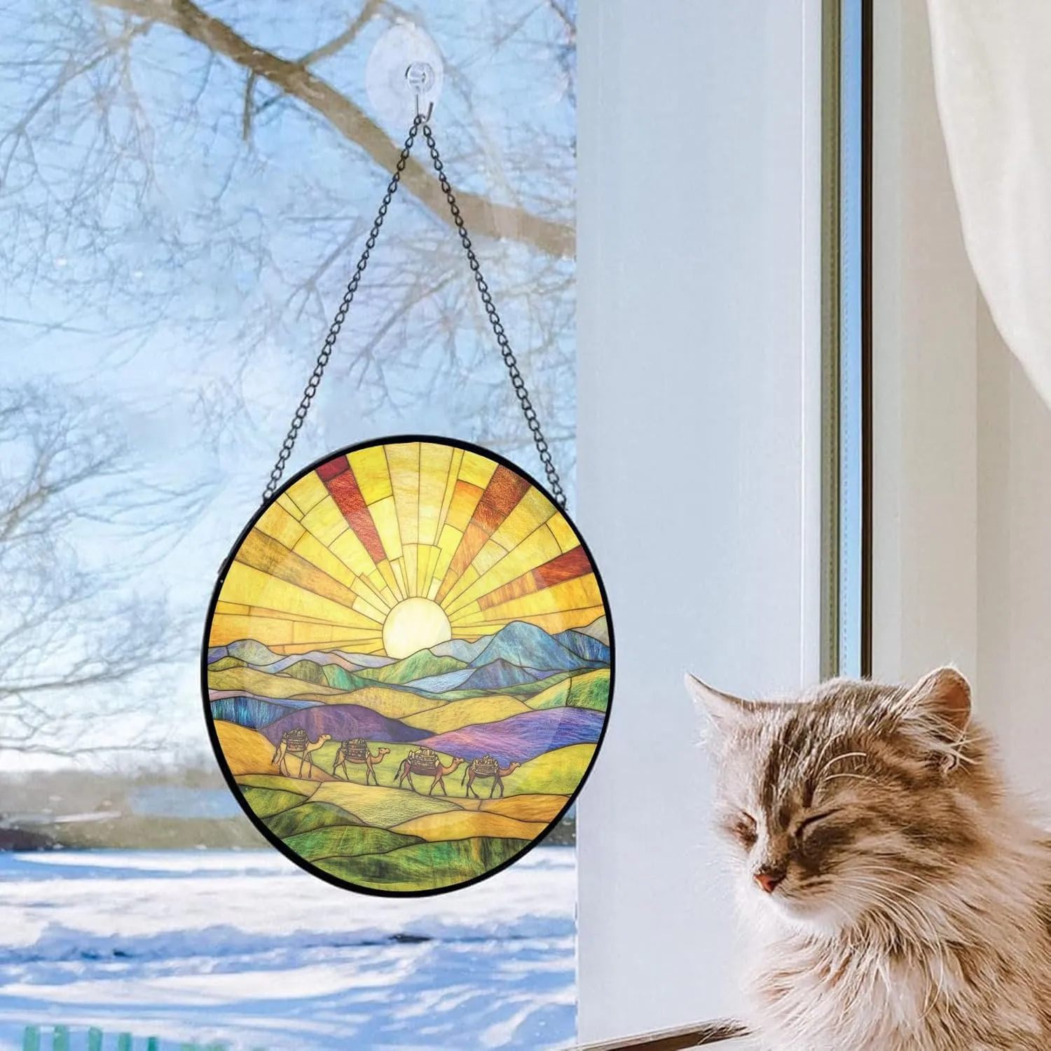 Camel Caravan Crossing The Desert Decor Suncatcher Stained Glass Window Hanging- Custom Suncatcher 2025, Wooden Ornament, Christmas Hanging Decor, Suncatcher for Christmas Tree. X2M2wx
