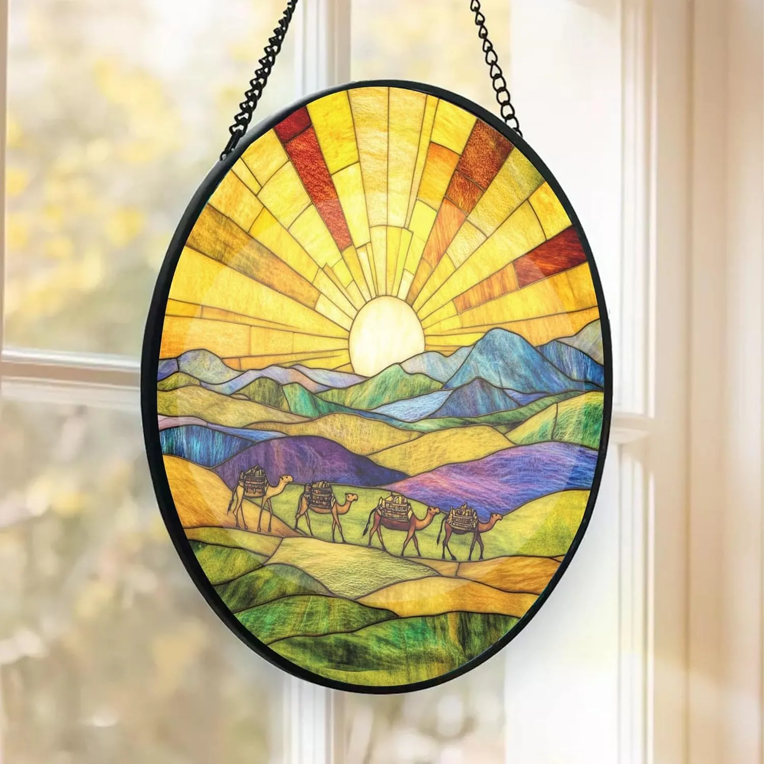 Camel Caravan Crossing The Desert Decor Suncatcher Stained Glass Window Hanging- Custom Suncatcher 2025, Wooden Ornament, Christmas Hanging Decor, Suncatcher for Christmas Tree. X2M2wx