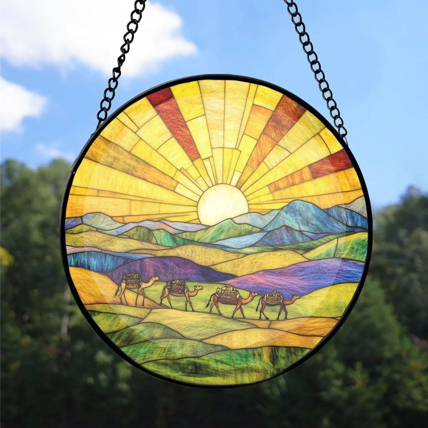 Camel Caravan Crossing The Desert Decor Suncatcher Stained Glass Window Hanging- Custom Suncatcher 2025, Wooden Ornament, Christmas Hanging Decor, Suncatcher for Christmas Tree. X2M2wx