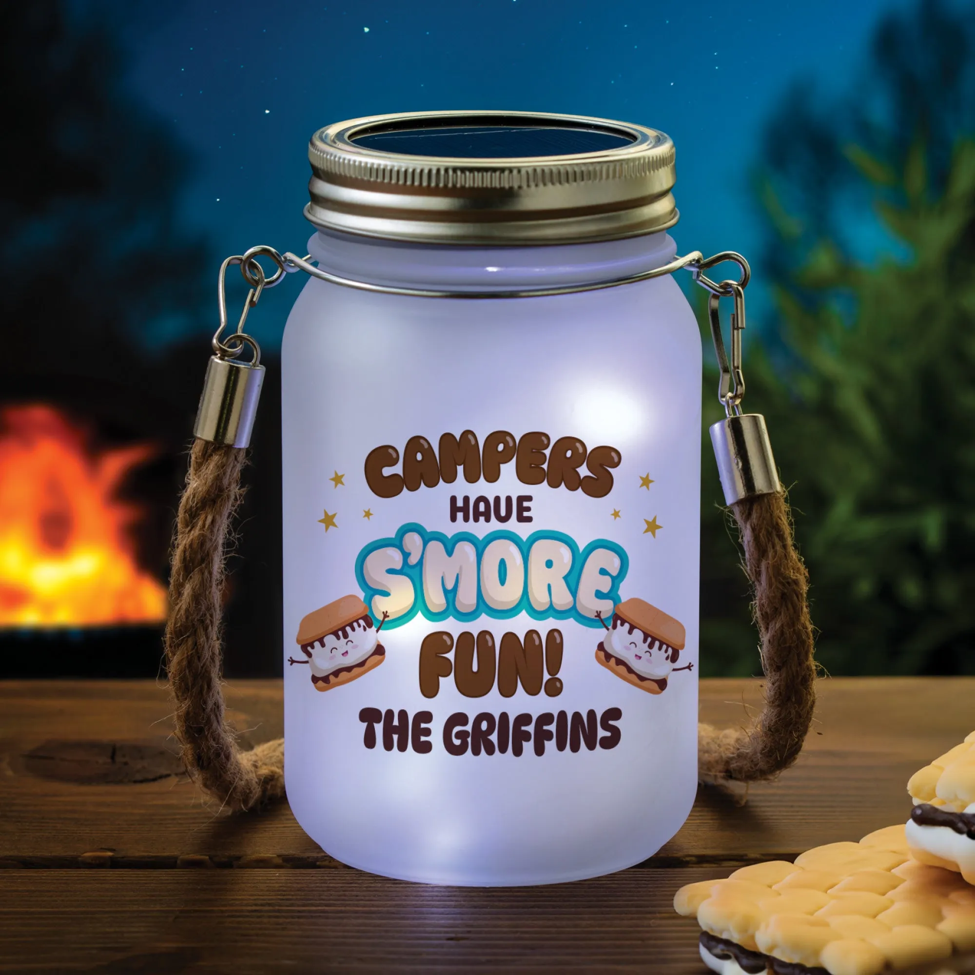 Campers Have S'More Fun Hanging Mason Jar with White Lights