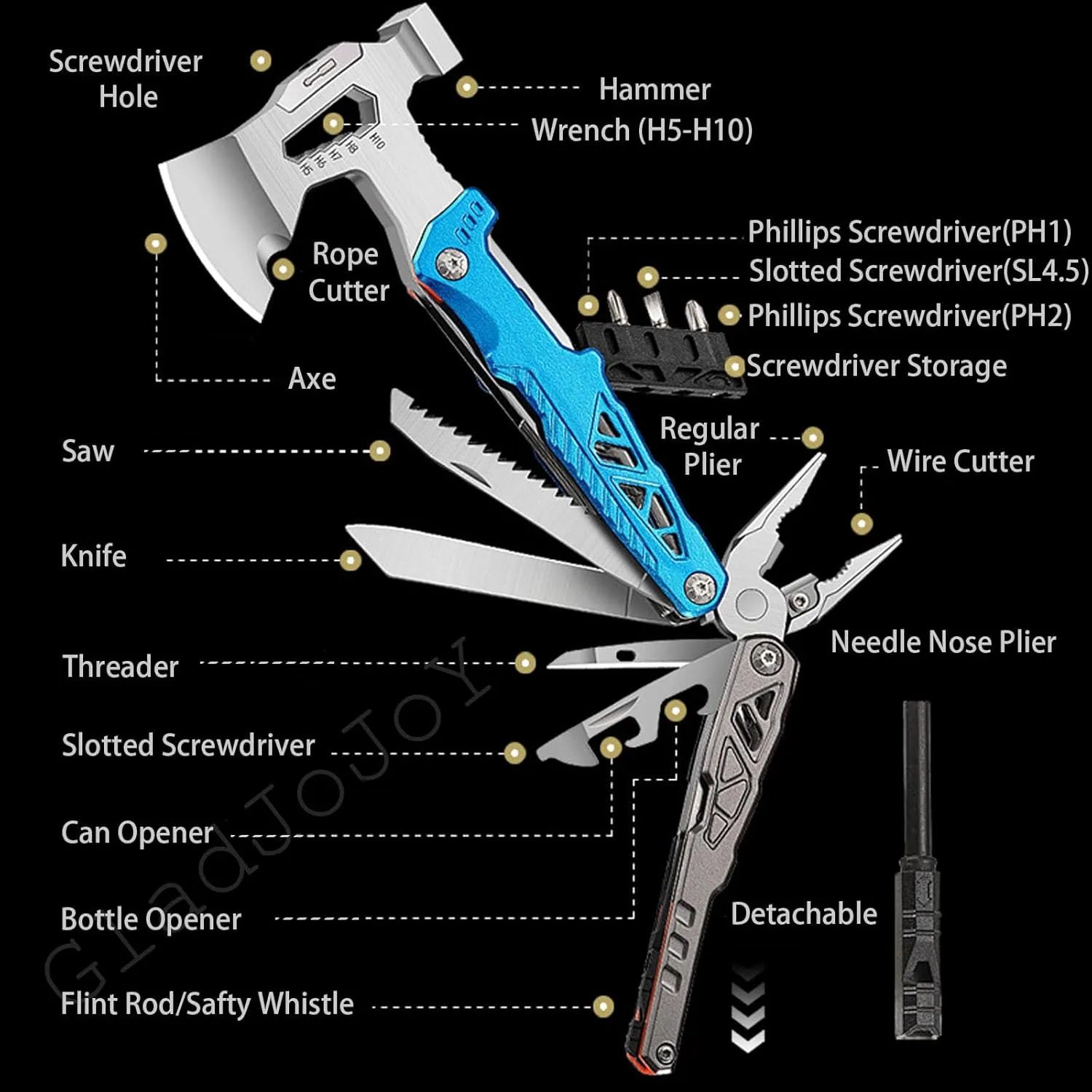 Camping Axe Multitool 17 IN 1, Foldable Camping Essentials Survival Gear Hatchet with Knife, Adjustable Wrench, Hammer, Screwdriver, Outdoor Multi Tool Stainless Steel Mens Gifts(Blue)