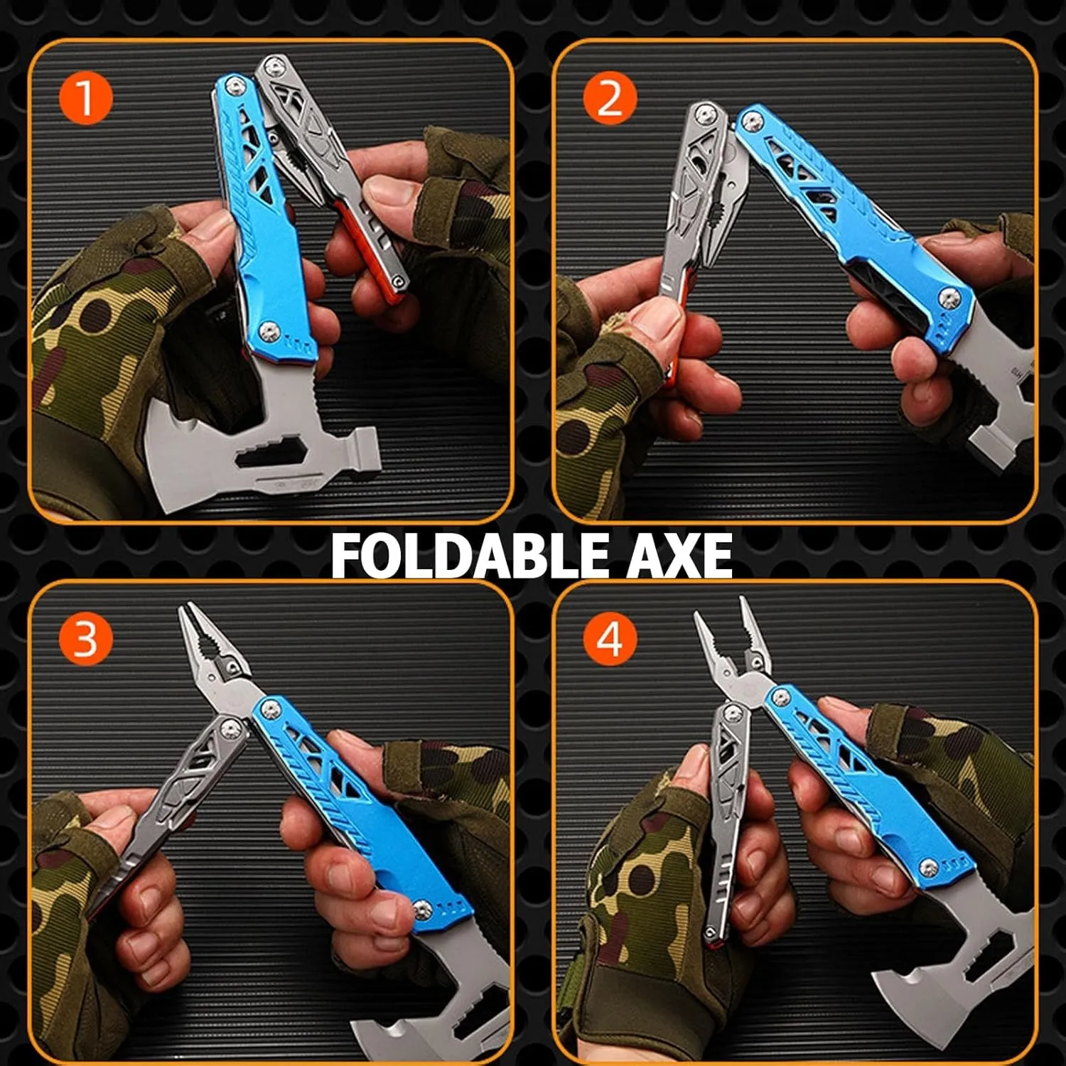 Camping Axe Multitool 17 IN 1, Foldable Camping Essentials Survival Gear Hatchet with Knife, Adjustable Wrench, Hammer, Screwdriver, Outdoor Multi Tool Stainless Steel Mens Gifts(Blue)