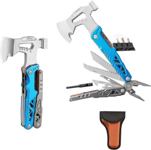 Camping Axe Multitool 17 IN 1, Foldable Camping Essentials Survival Gear Hatchet with Knife, Adjustable Wrench, Hammer, Screwdriver, Outdoor Multi Tool Stainless Steel Mens Gifts(Blue)