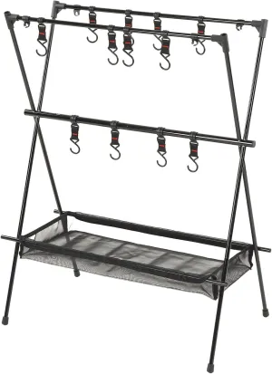 Camping Cookware Hanging Rack, Portable Double Layer Foldable Tripod Rack Tools Organizer with Mesh Pocket, Hooks for Outdoor Camping