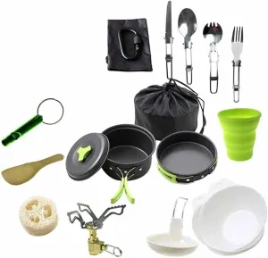 Camping Cookware Kit, Outdoor Aluminum Cooking Set with Frying Pan, Boiling Pot, Bowl, Spoon, Rice Spoon, and Mesh Bag for Hiking, Picnic, BBQ, Backpacking