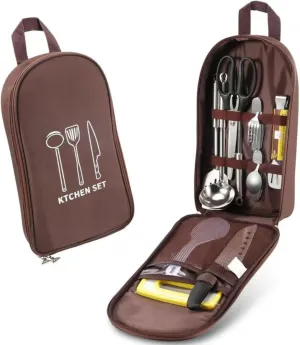 Camping Cookware Storage Bag, Camping Cooking Utensils Set Bag Camping Tool Portable Storage Bag Suitable for Knife, Fork, Spoon, Chopping Board, Chef's Knife,Kitchenware Storage, Brown