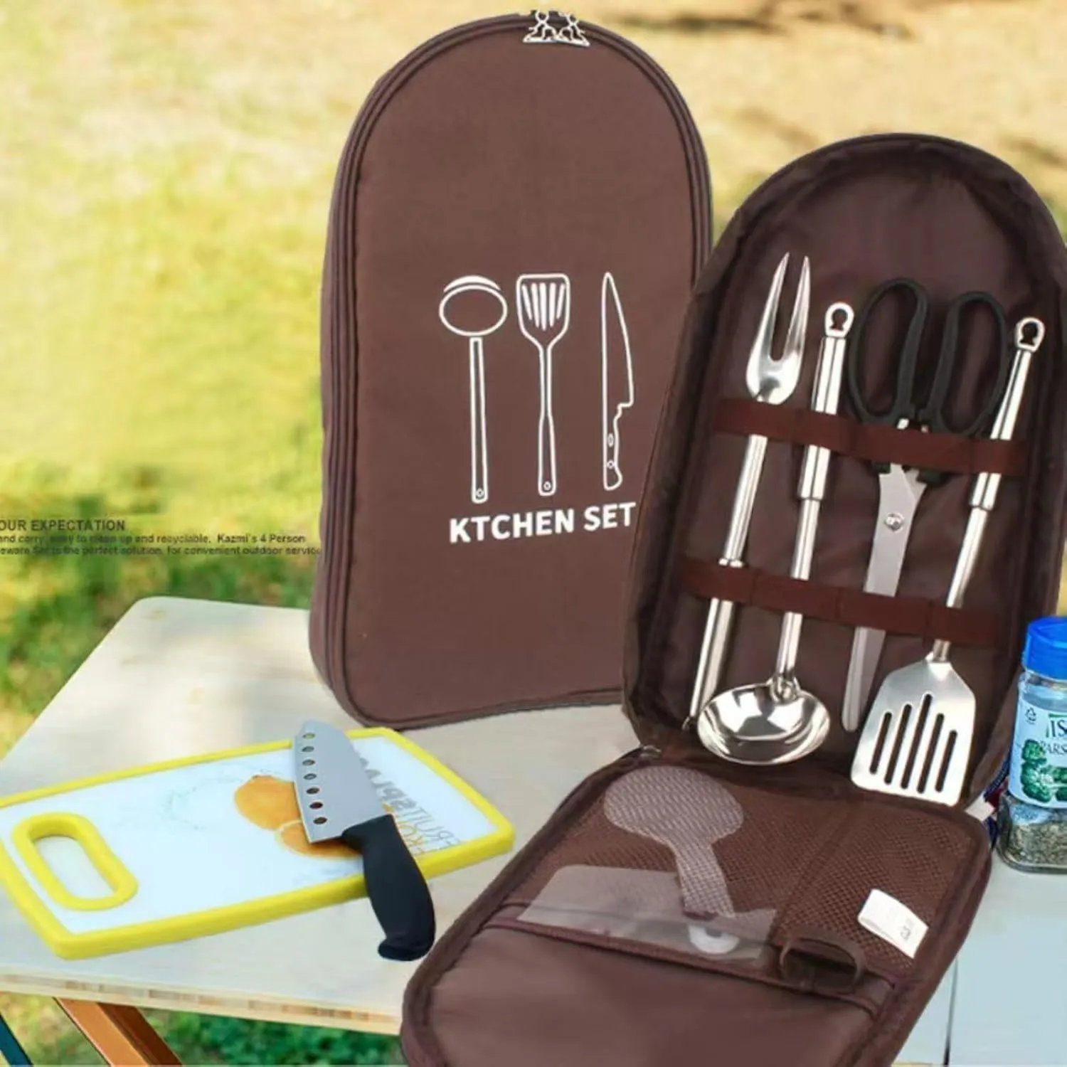 Camping Cookware Storage Bag, Camping Cooking Utensils Set Bag Camping Tool Portable Storage Bag Suitable for Knife, Fork, Spoon, Chopping Board, Chef's Knife,Kitchenware Storage, Brown