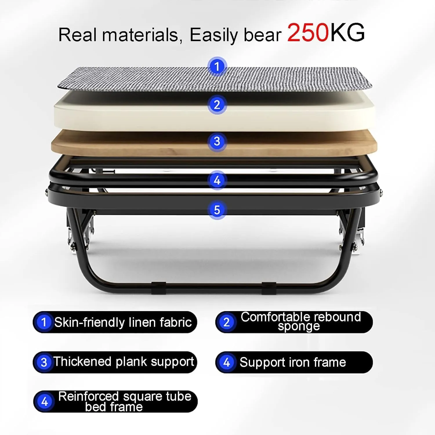 Camping Cot 6-Speed Adjustment Sleeping Cots for Adults with Mattress Folding Camping Bed with Wheel Load 250 Kg Folding Bed