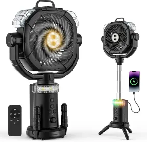 Camping Fan Rechargeable 330ml Portable Misting Fan 20000mah Battery Powered With Led Light Height Adjustable Remote Hook Oscillating Floor Outdoor Fan For Camping Patios, 2 Spray Mister, Black