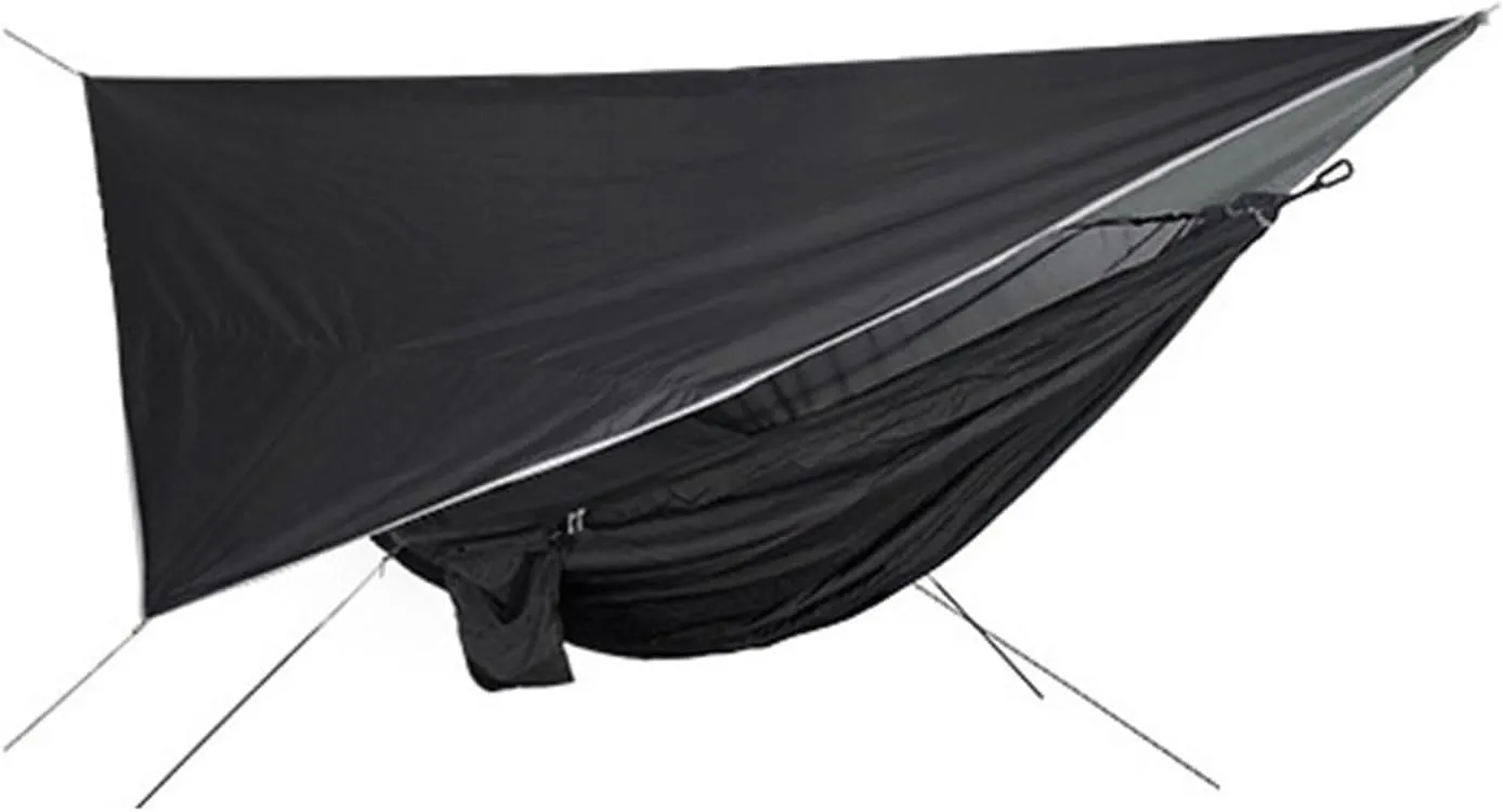 Camping Hammock Portable Nylon Camping Hammock with Waterproof Rain Fly Canopy Tarp for Outdoor Hanging Bed Sleeping, Black