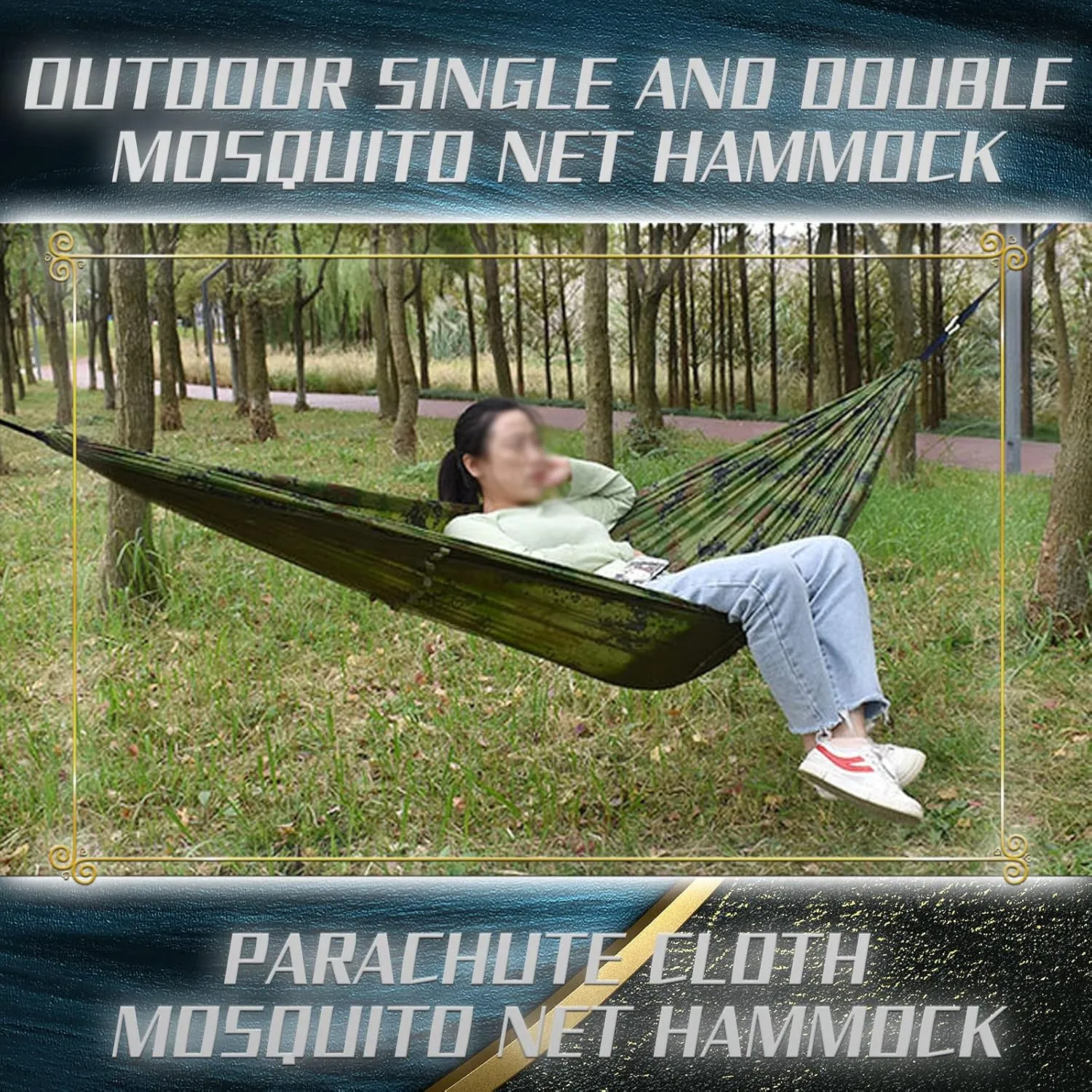Camping Hammock with Mosquito Net - Ultra Lightweight Durable Double Travel Hammock 210T Parachute Nylon for Outdoor Camping Accessories-Light Army Green