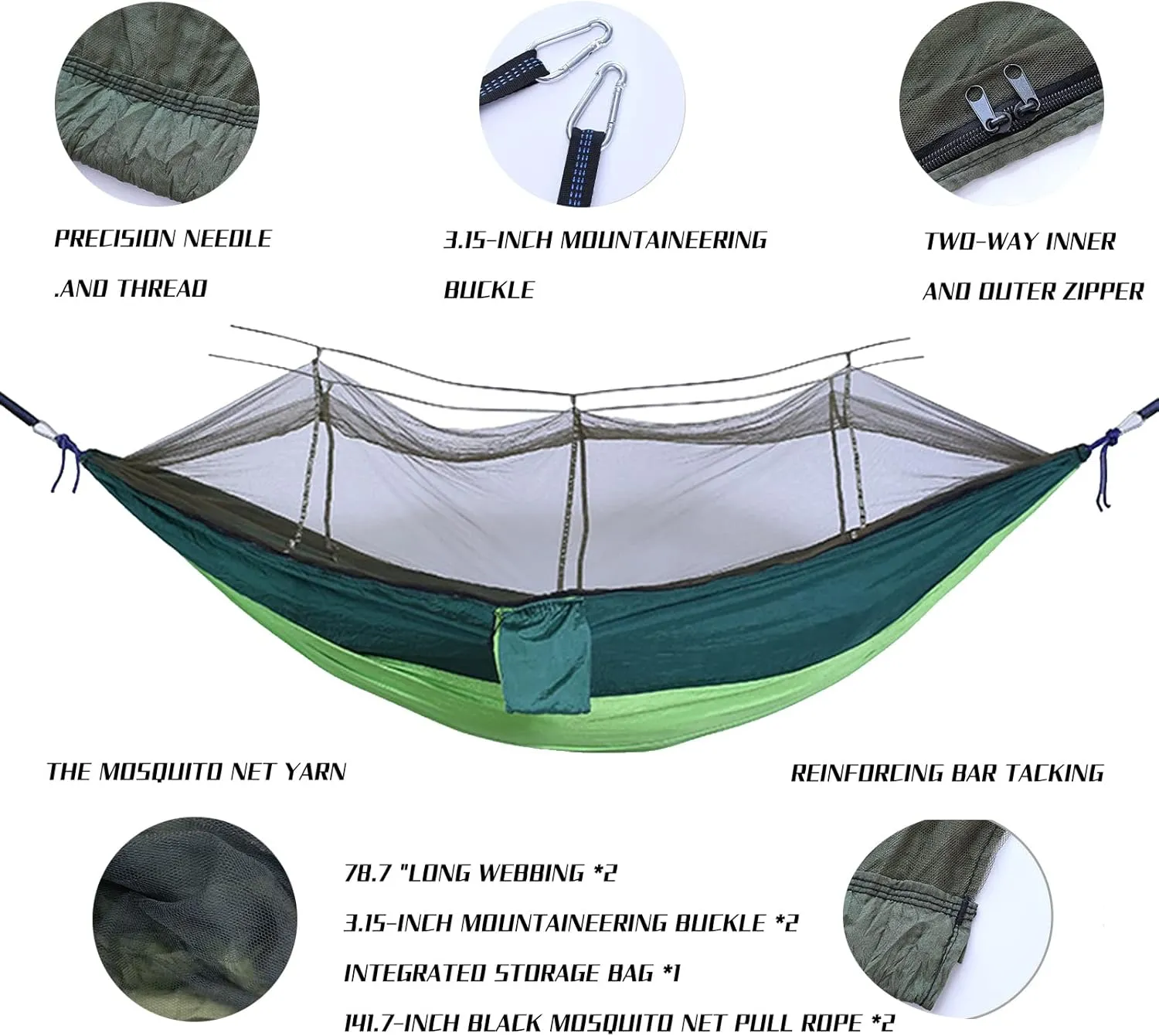 Camping Hammock with Mosquito Net - Ultra Lightweight Durable Double Travel Hammock 210T Parachute Nylon for Outdoor Camping Accessories-Light Army Green