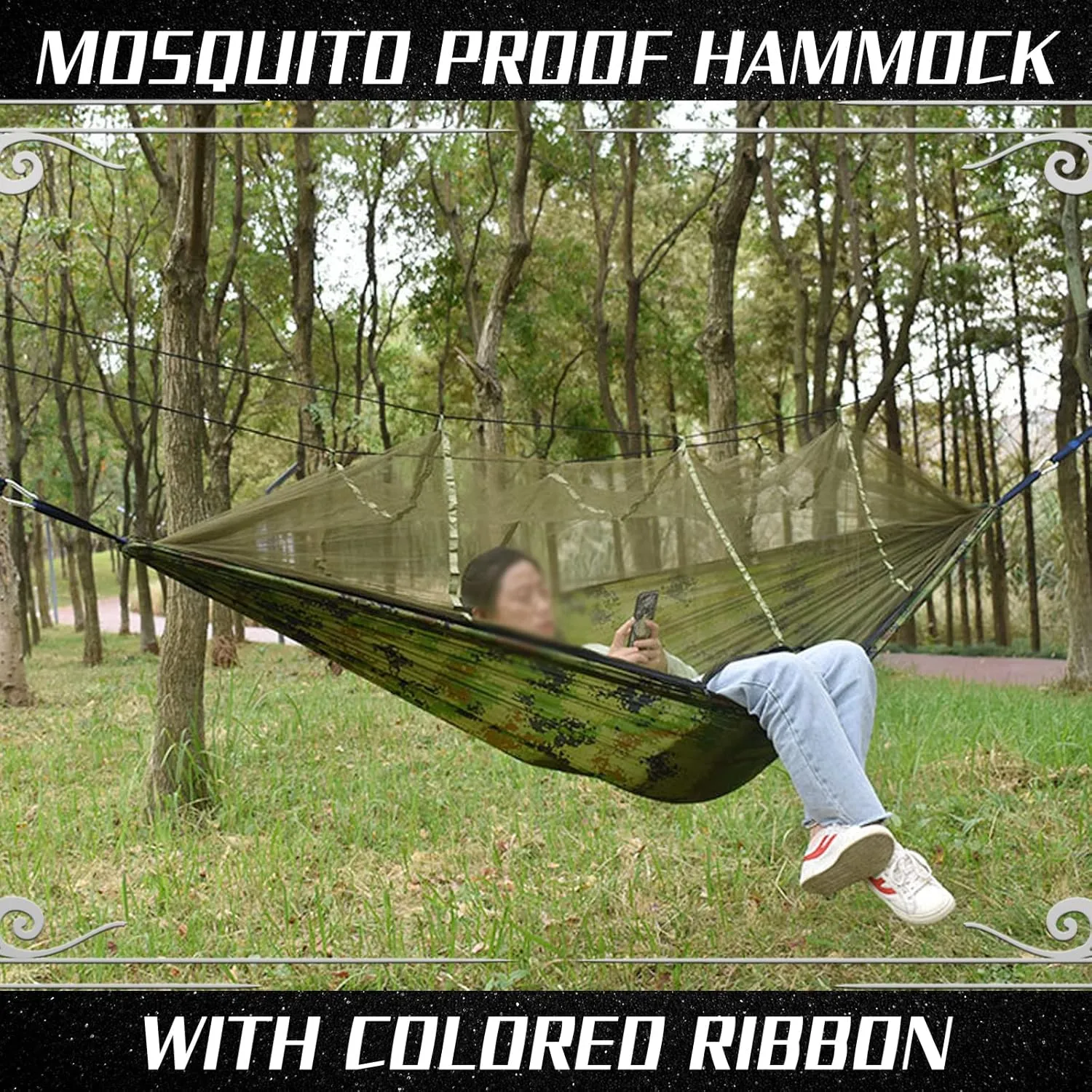 Camping Hammock with Mosquito Net - Ultra Lightweight Durable Double Travel Hammock 210T Parachute Nylon for Outdoor Camping Accessories-Light Army Green