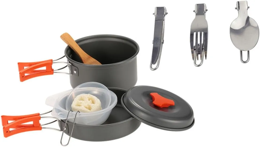 Camping Kitchenware Compact Camping Cookware Set 1-2 Person Picnic Cookware Pot Set Easy to Carry Orange