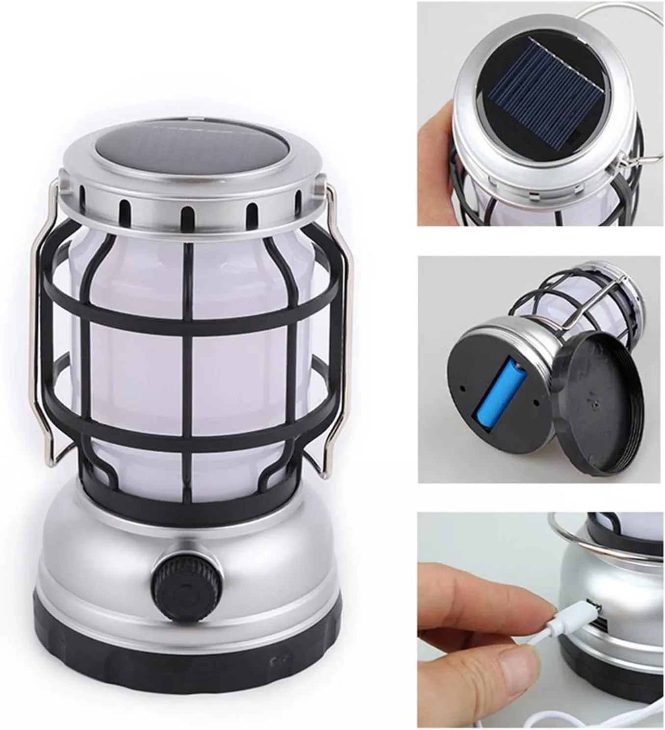 Camping Lantern Solar Charging Tent Light ABS Plastic Portable USB Handheld Tent Light Hanging Camping Lantern for Outdoor Camping Hiking Emergency