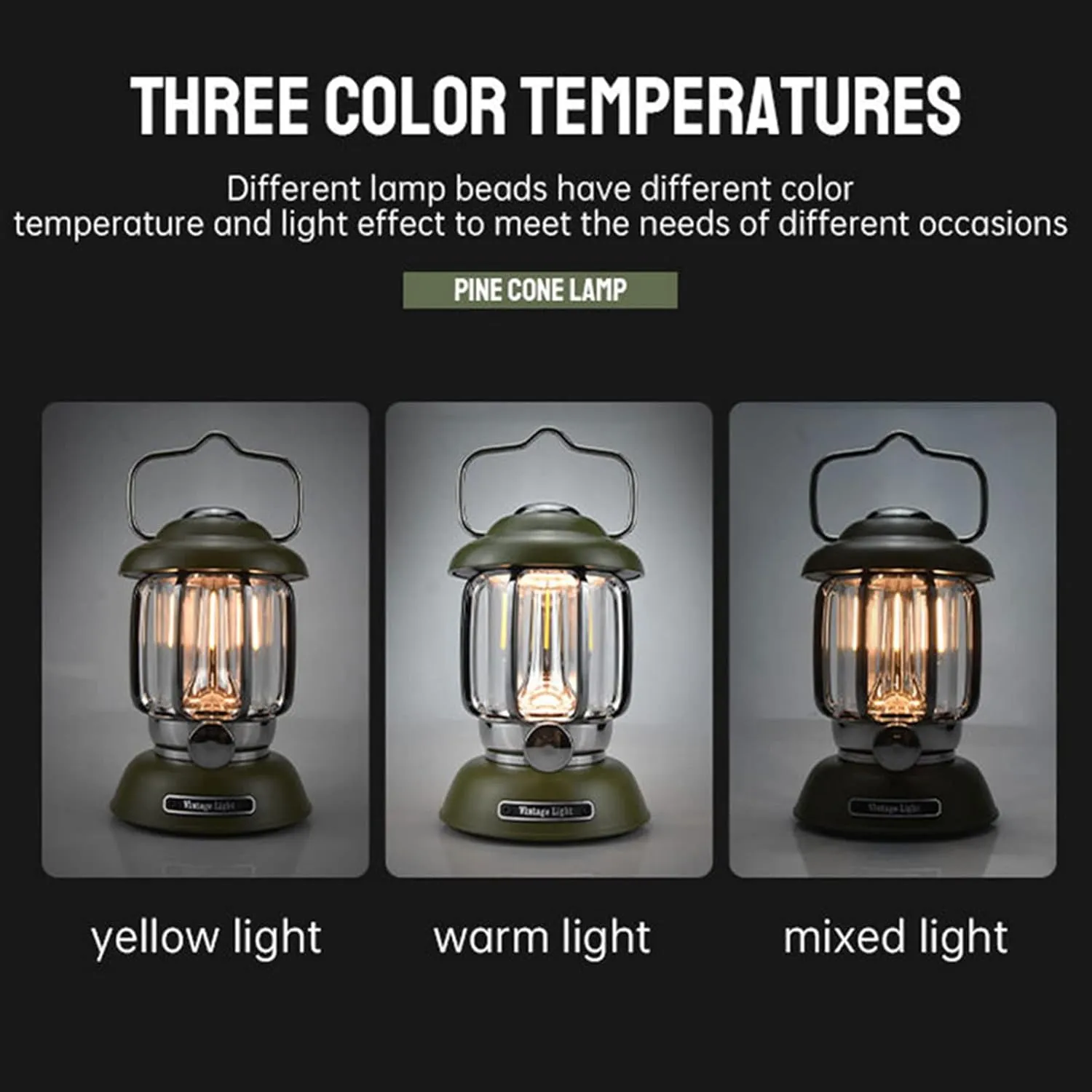Camping Lantern,LED Camping Lantern, Retro Portable USB Outdoor Hanging Lamp, Light 3 Lighting Modes Dimmable Emergency Light for Hiking Climbing Yard(Black)