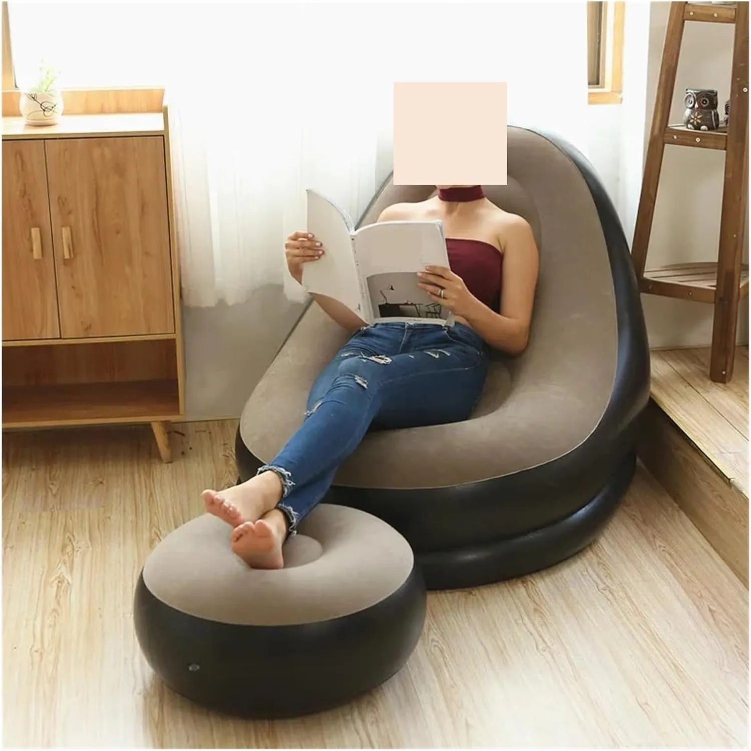 Camping Outfit Inflatable Lazy Sofa with Pedal Folding Recliner Outdoor and Indoor Bed Flocking Chair Beach Camping Garden Fashionable (Color : Brown Stool)