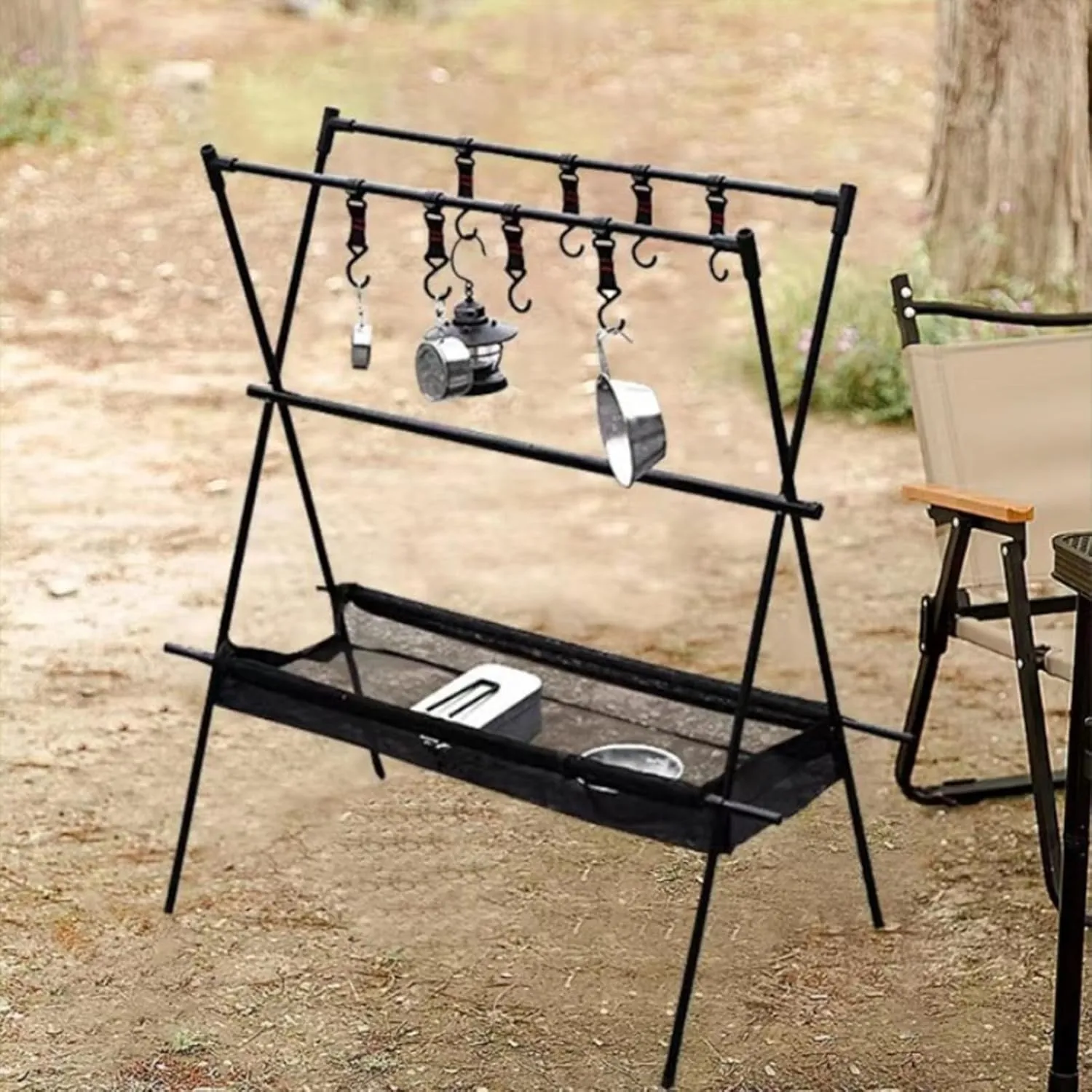 Camping Rack for Pots, Aluminum Alloy Double Layer Tripod Outdoor Stand for Pot Cookware Hanging (Black)