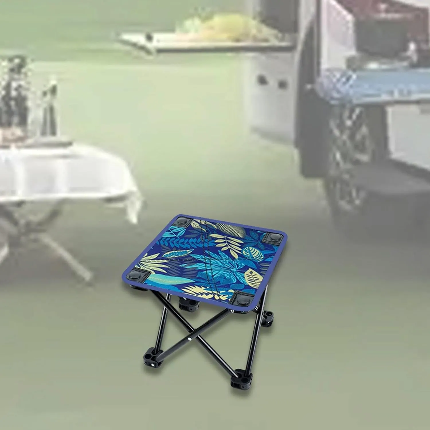 Camping Stool Recliner Foot Rest Mini Folding Stool Footrest Ottoman Ultralight Foldable Foot Stool for Barbecue Hiking Patio, Blue Leaves