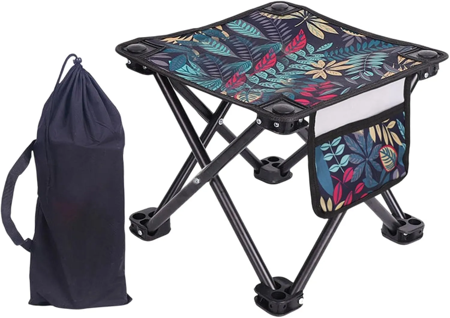 Camping Stool with Side Pocket Mini Folding Stool Adults Seat Recliner Foot Rest Foldable Footstool for Park Barbecue Beach