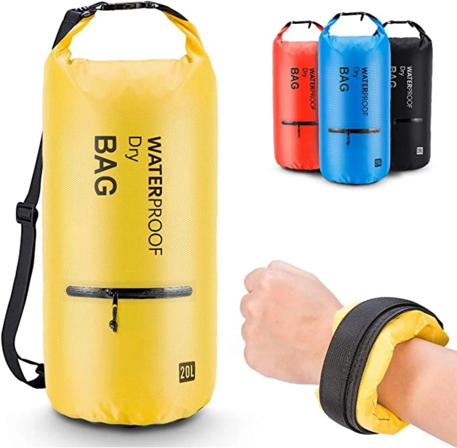 Camping Swimming Kayaking Boating Lightweight Waterproof Floating Dry Bag Backpack Sack Pouch with 2 Exterior Zip Pockets - Yellow 20L