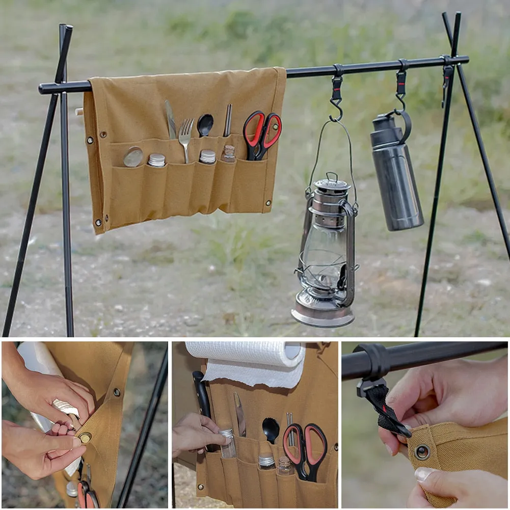 Camping Tableware Storage Bag Multi Pocket Canvas Portable Towel Storage Rack Outdoor Hiking Cutlery Hanging Holder