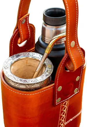 Canasto Matero de Cuero Chico - Small Handmade Leather Mate Bag - Carry Bag for Mate Gourd Set and Thermos - CUSHE Mates (Light Brown)