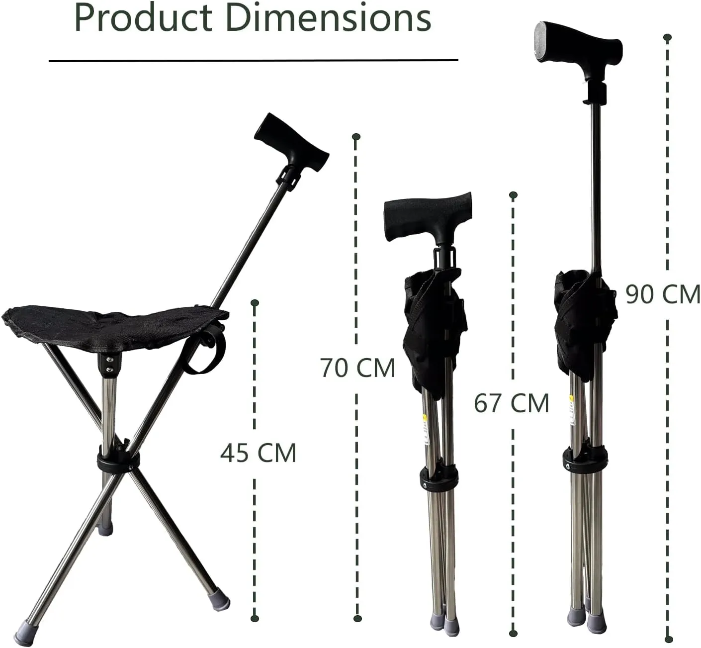 Cane with Seat - Portable Stool Chair, Supports Up to 220 Lbs cameping Chairs, Lightweight Up to 1.8 Lbs, Suitable for Men, Women, Seniors, People with Disabilities (Adjustable-Black Model A)