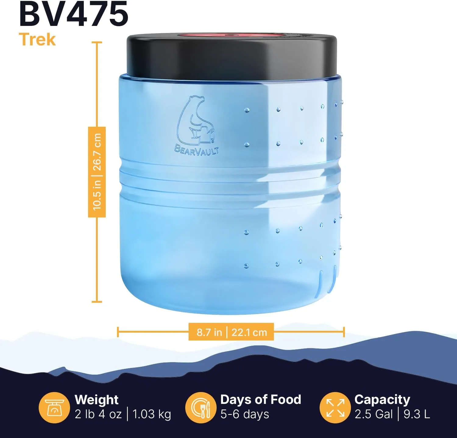 Canister for Backpacking. 4 Sizes: BV500, BV475, BV450, BV425. Bear-Resistant Food Container for Camping, Hiking, Fishing, Hunting, Bikepacking. BearVault is Bear Safe!