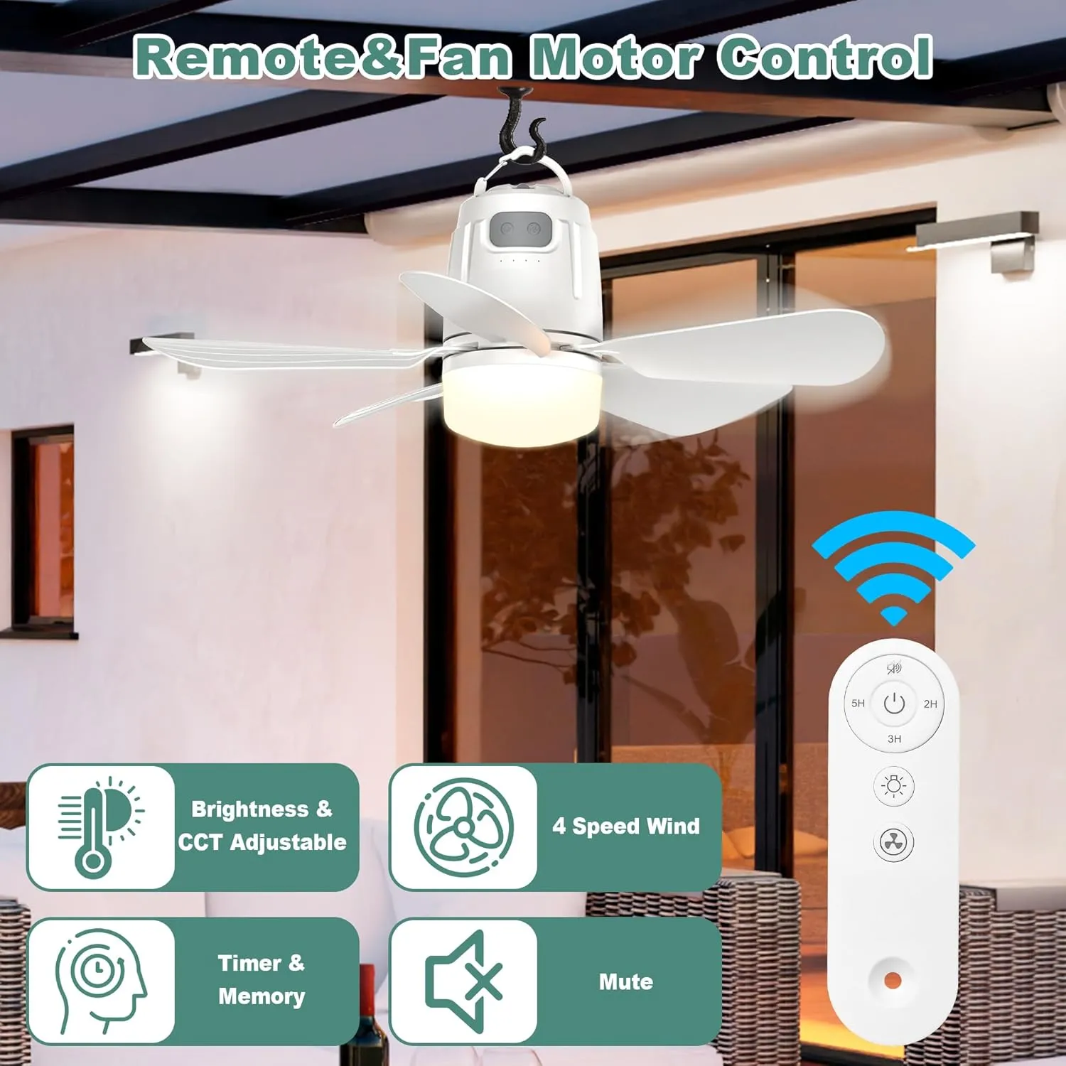 Canopy Fan 20'', 20000mAh Portable Outdoor Ceiling Fan with Light with Remote Control and Extension Hook, Easy Operation Battery Powered Fan Light for Gazebo, Tent, Patio, Camping