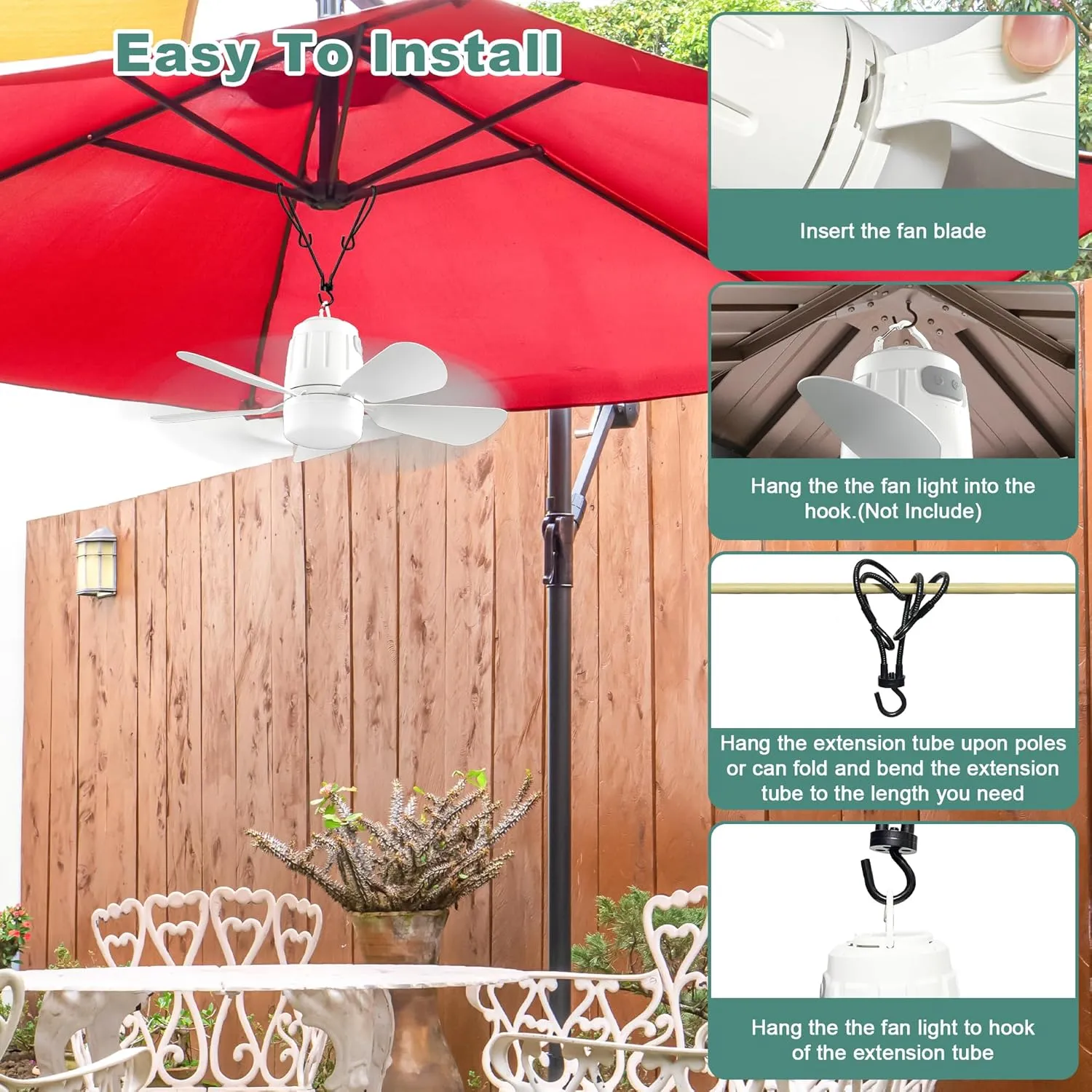 Canopy Fan 20'', 20000mAh Portable Outdoor Ceiling Fan with Light with Remote Control and Extension Hook, Easy Operation Battery Powered Fan Light for Gazebo, Tent, Patio, Camping