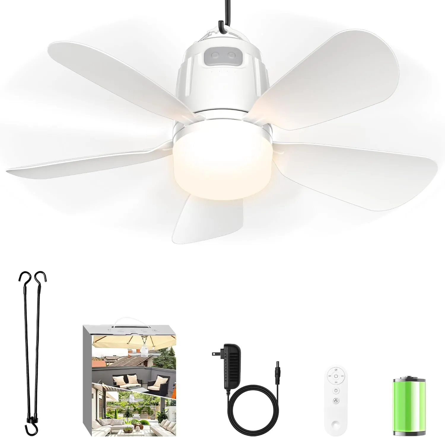 Canopy Fan 20'', 20000mAh Portable Outdoor Ceiling Fan with Light with Remote Control and Extension Hook, Easy Operation Battery Powered Fan Light for Gazebo, Tent, Patio, Camping