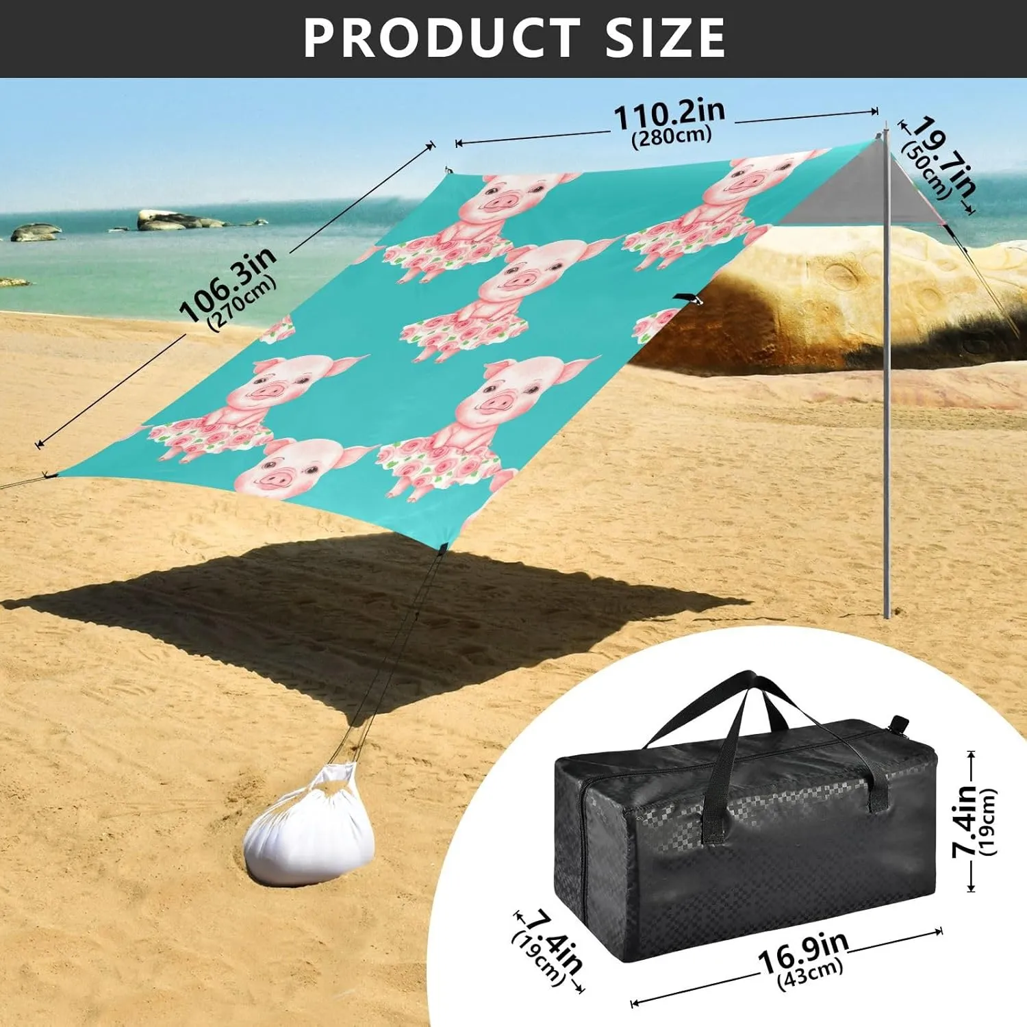 Canopy Tent Beach Sun Shade Outdoor Patio 9.2 × 10.5 FT Funny Portable Camping Shelter Cute Pig Print Watercolor Waterproof with Sandbags Anchor