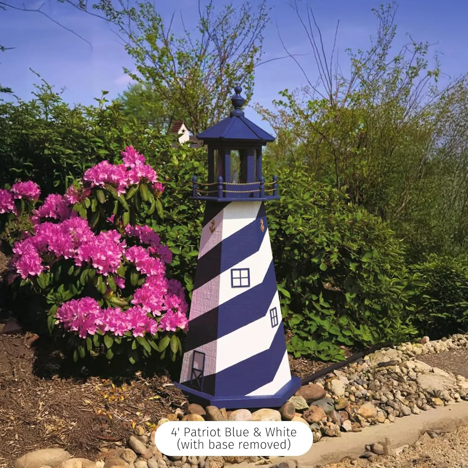 Cape Hatteras, NC Solar Lighthouse with LED Dusk to Dawn Lights, Outdoor Statues for Garden, Solar Lights Outdoor Waterproof Patio Decor - Amish USA (Replica, 4' with Base)
