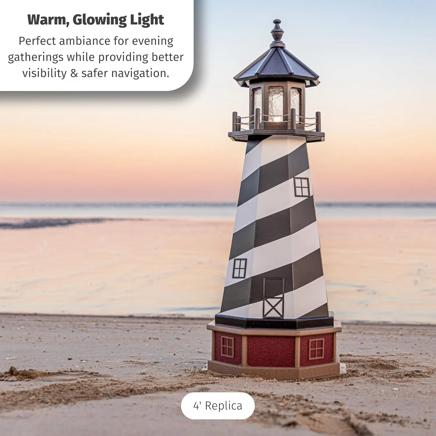 Cape Hatteras, NC Solar Lighthouse with LED Dusk to Dawn Lights, Outdoor Statues for Garden, Solar Lights Outdoor Waterproof Patio Decor - Amish USA (Replica, 4' with Base)