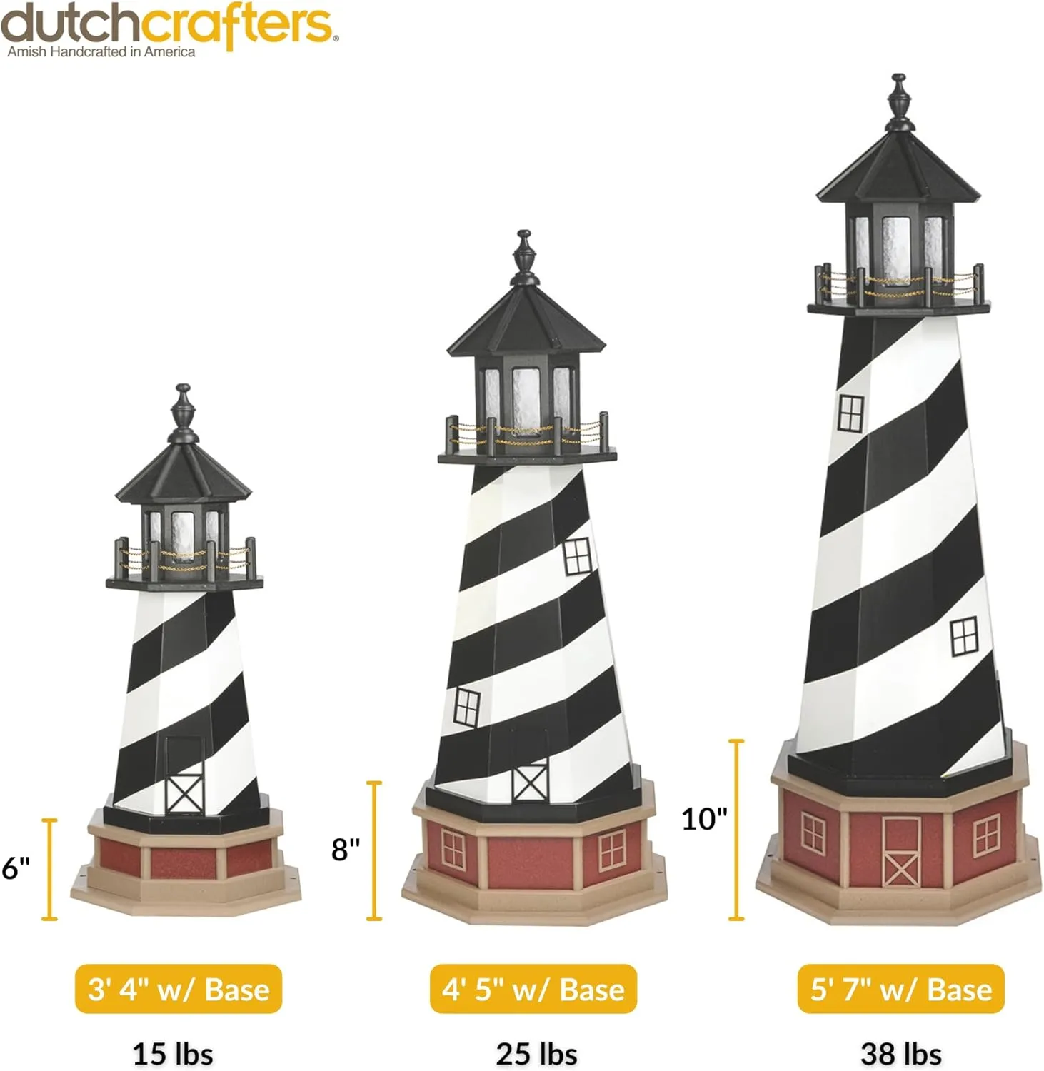 Cape Hatteras, NC Solar Lighthouse with LED Dusk to Dawn Lights, Outdoor Statues for Garden, Solar Lights Outdoor Waterproof Patio Decor - Amish USA (Replica, 4' with Base)