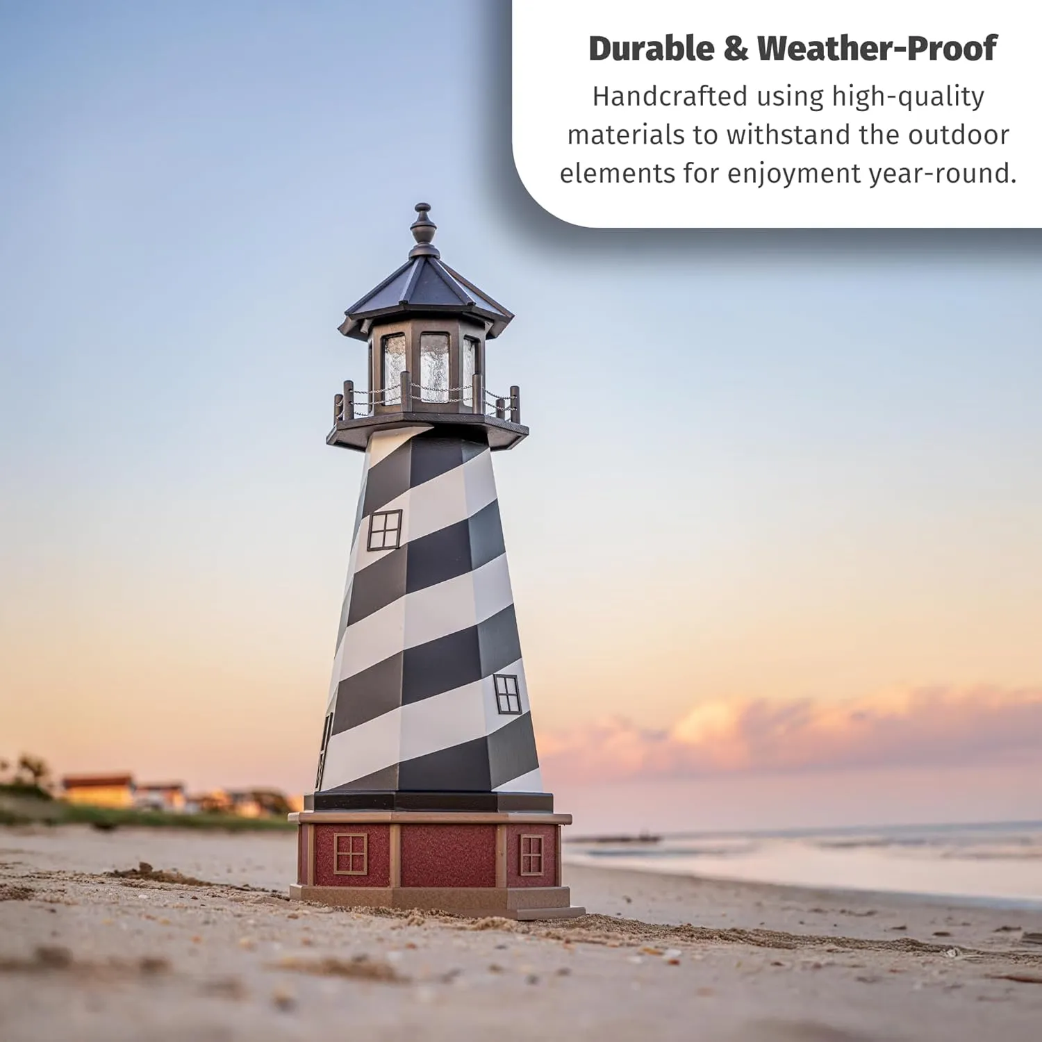 Cape Hatteras, NC Solar Lighthouse with LED Dusk to Dawn Lights, Outdoor Statues for Garden, Solar Lights Outdoor Waterproof Patio Decor - Amish USA (Replica, 4' with Base)