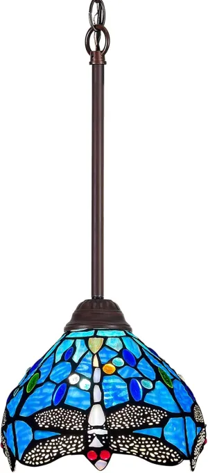 Capulina Tiffany Mini Pendant Light 8 Inches Wide Blue Dragonfly Style Stained Glass Hanging Lamp for Kitchen Island Dining Room Hallway