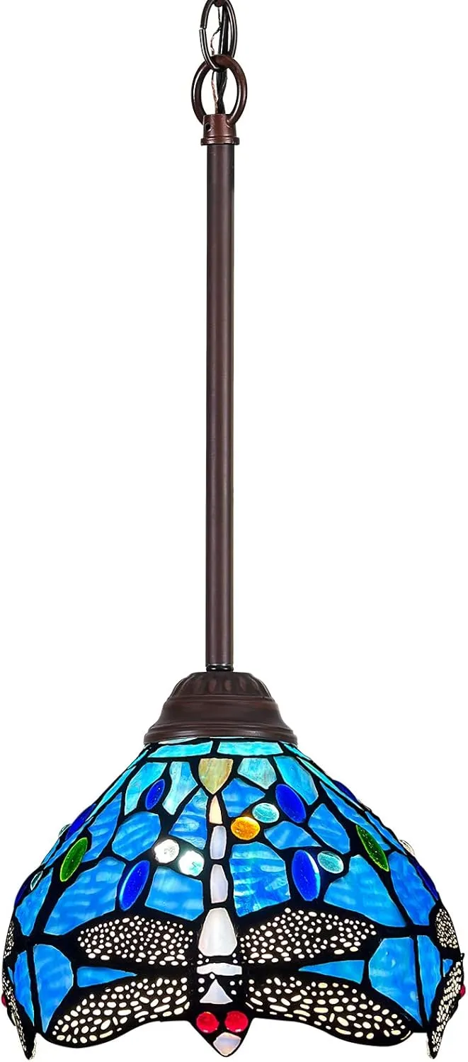 Capulina Tiffany Mini Pendant Light 8 Inches Wide Blue Dragonfly Style Stained Glass Hanging Lamp for Kitchen Island Dining Room Hallway