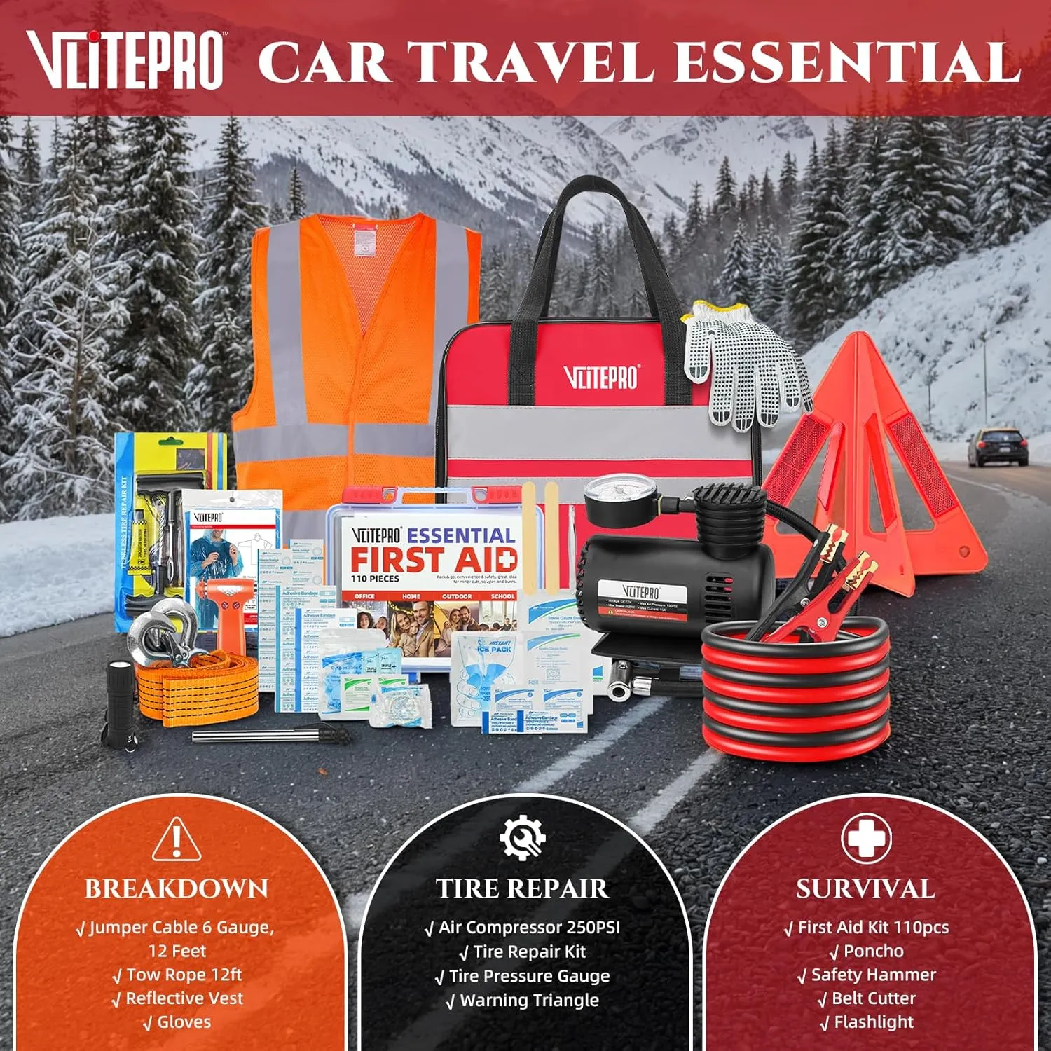 Car Emergency Kit with Gloves, Portable Air Compressor, First Aid Kit, Jumper Cable, Roadside Safety Tool Kit for Women, Men, Teen