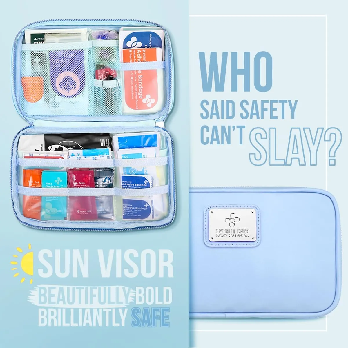 Car First Aid Kit Sun Visor Multi-Pocket Visor Organizer Storage Pouch with Survival Emergency Tools Including Window Breaker Disposable Urine Bag for Family Travel in Cars (Cyan)