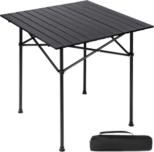 Carbon Steel Camping Table Roll Top, Folding Lightweight Roll Up Table Square for Grill Outdoor Camping Grill, Black, 28X28 Inch