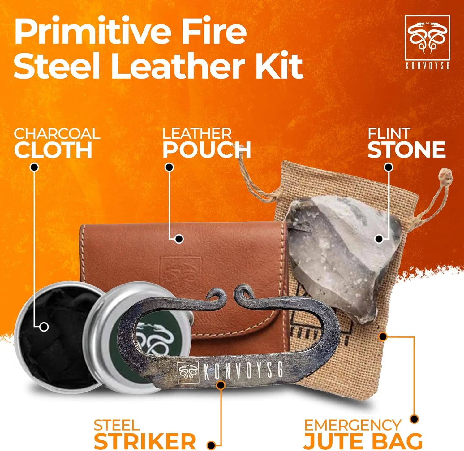 Carbon Steel Fire Striker, English Flint Stone & Char Cloth Traditional Hand Forged Fire Starter, Leather Gift Kit with Emergency Tinder Jute Bag
