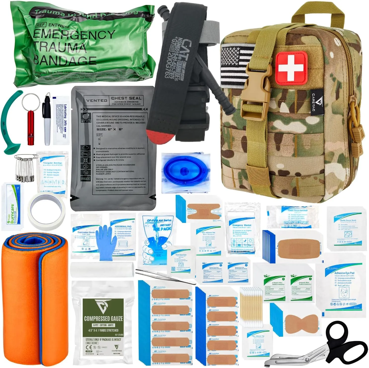 CareTac Advanced First Aid Trauma Kit for Camping & Travel – Emergency Tactical IFAK with C.A.T Tourniquet, Chest Seal, Israeli Bandage, Splint, CPR Mask – Bleed Control, Gunshot Wounds, Burns & Cuts