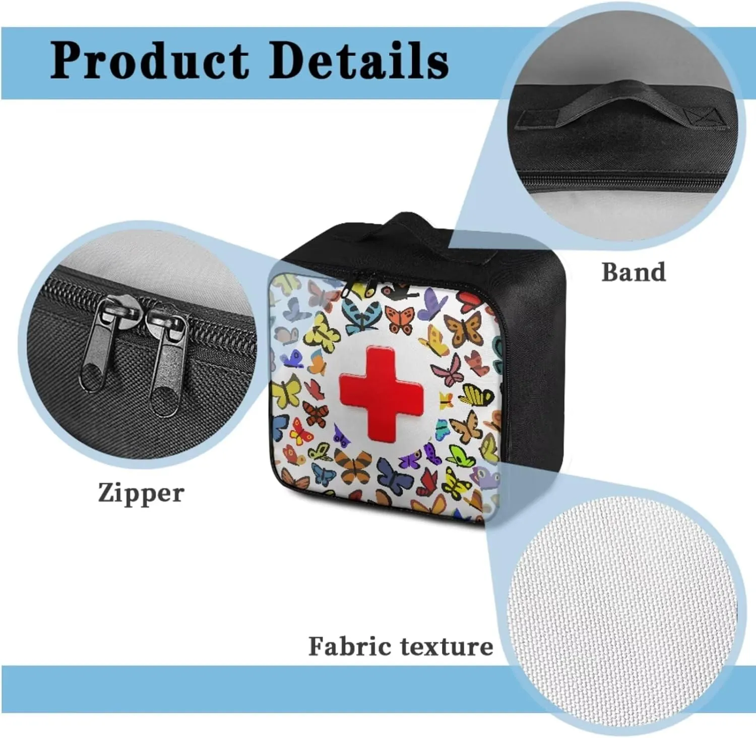 Cartoon Butterfly Print Medical kit Bag Empty-First Aid Kit-Medicine Organizer Storage, Ideal for Family-Dorm-Car-Travel-Workplace First Aid Needs,Camping-Hiking Essentials Gear (Bag Only)