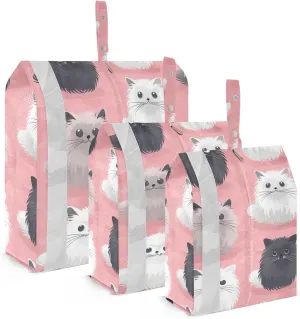 Cat on Pink Travel Storage Bag with Lanyard - Portable Lightweight Classified Storage Bag with Zipper, Dust and Waterproof Travel Packing Cube for Suitcase,3 Pieces
