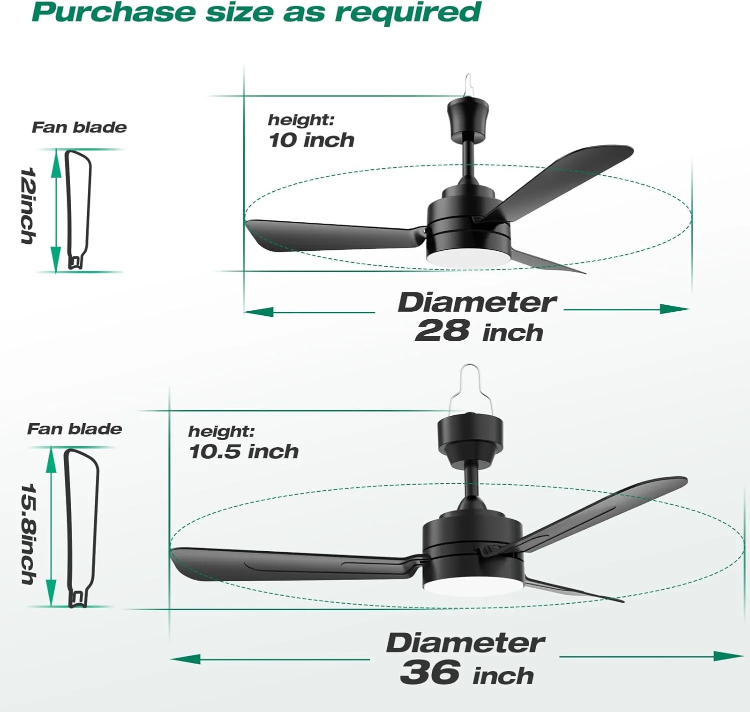 Ceiling Fans with Lights,28" LED Fan Light Hanging with Hook,Hook Type Ceiling Fan,Plug in Ceiling Fan Light,35W,3000-6500k,Remote Control,Portable Fan for Camping Bed,Patios,(Black)