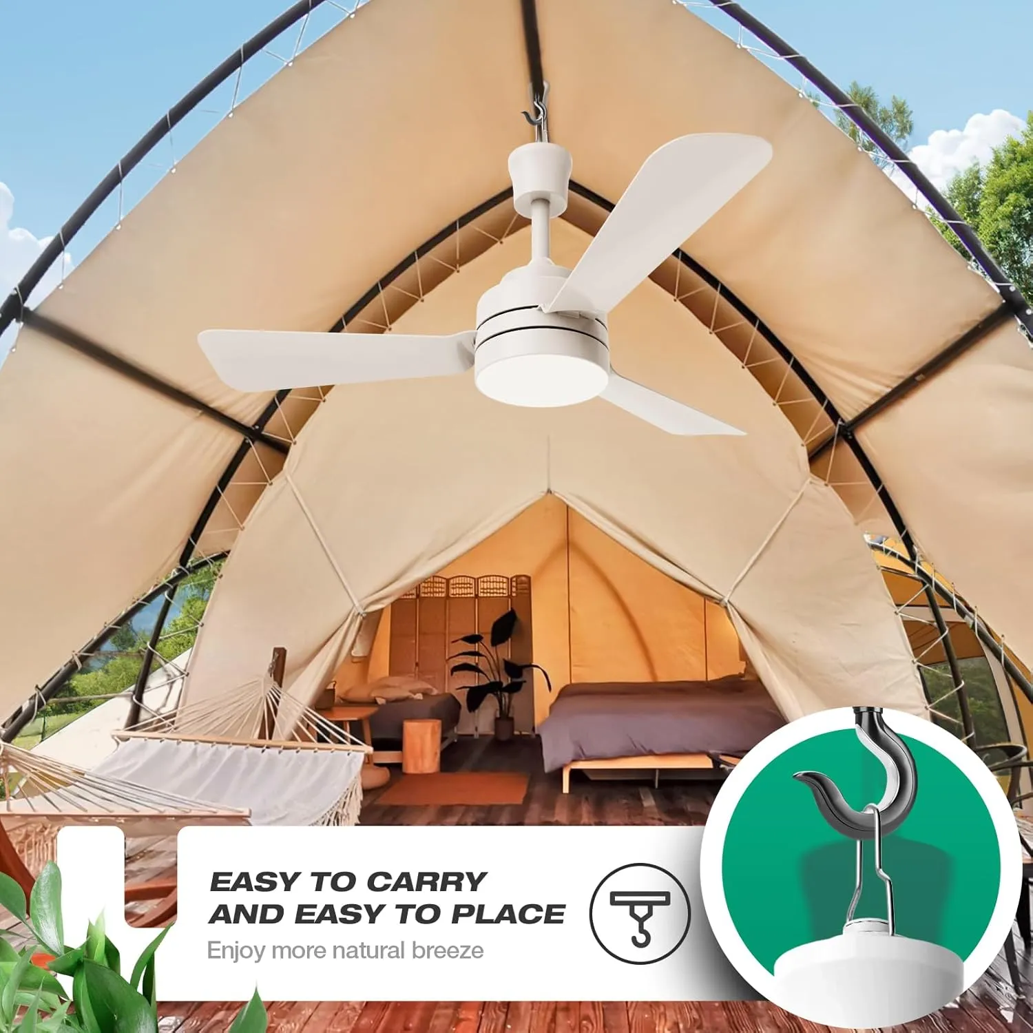Ceiling Fans with Lights,28" LED Fan Light Hanging with Hook,Hook Type Ceiling Fan,Plug in Ceiling Fan Light,35W,3000-6500k,Remote Control,Portable Fan for Camping Bed,Patios,(White)