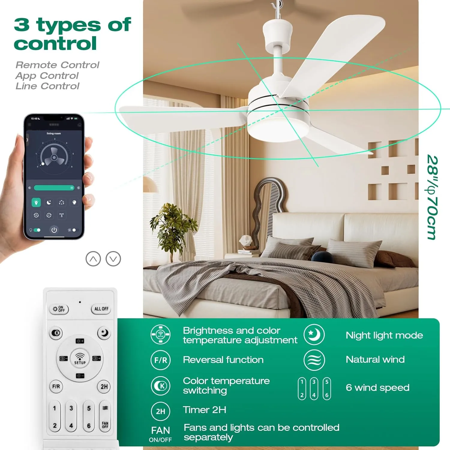 Ceiling Fans with Lights,28" LED Fan Light Hanging with Hook,Hook Type Ceiling Fan,Plug in Ceiling Fan Light,35W,3000-6500k,Remote Control,Portable Fan for Camping Bed,Patios,(White)